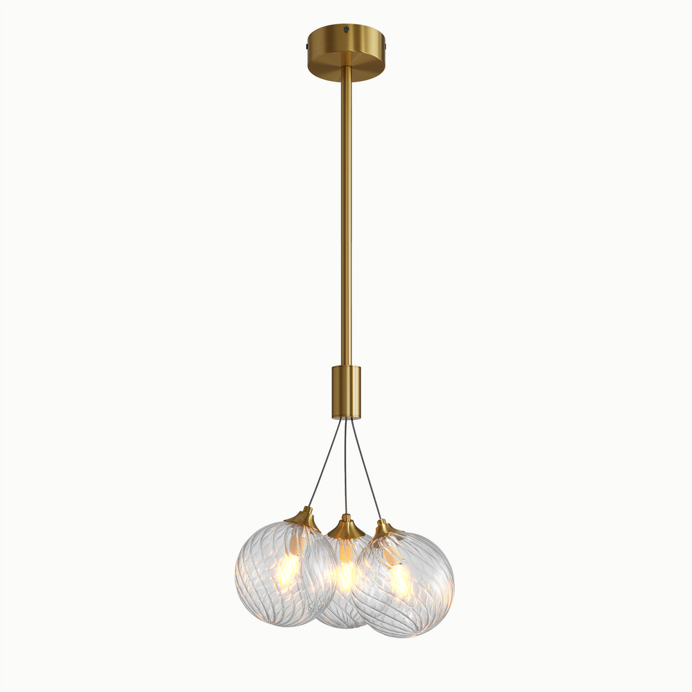 Brass Round Multi-Lamp Head Water Ripple Glass Ball Pendant Light