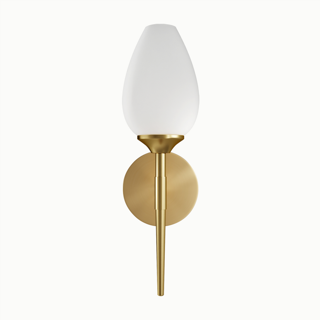 Single wall sconce with a teardrop-shaped frosted glass shade on a white background
