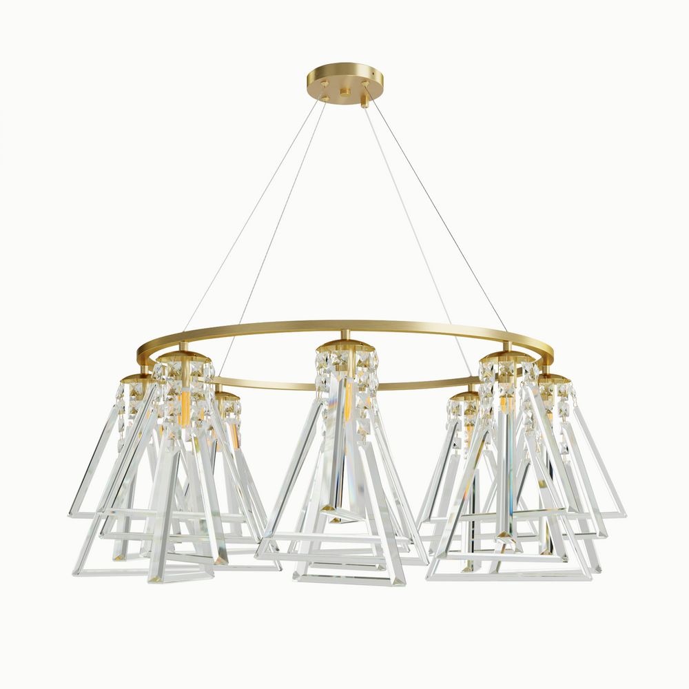 Geometric Line Pyramid Brass Crystal Round Chandelier