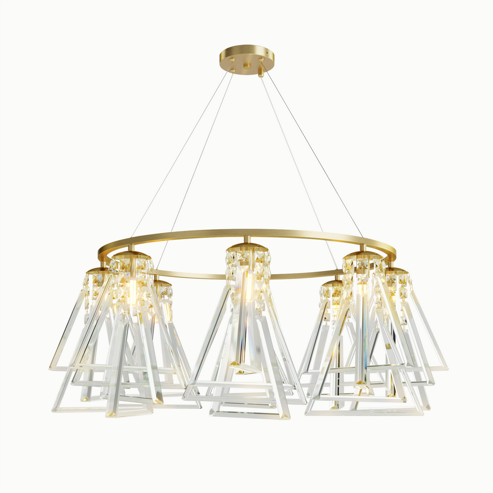 Geometric Line Pyramid Brass Crystal Round Chandelier