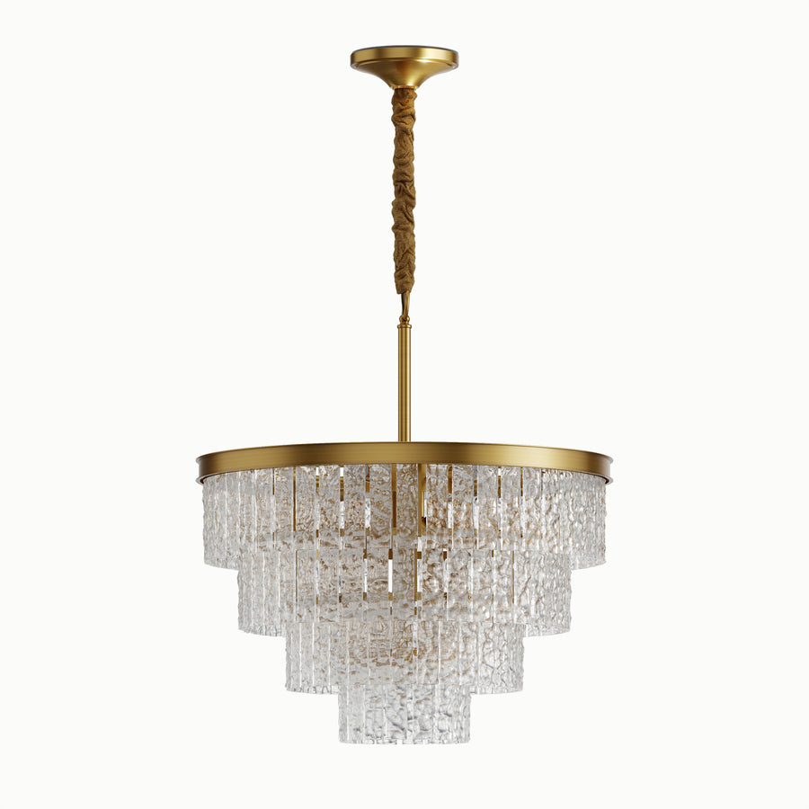 Round Brass Multi-Tiered Waterfall Glass Chandelier