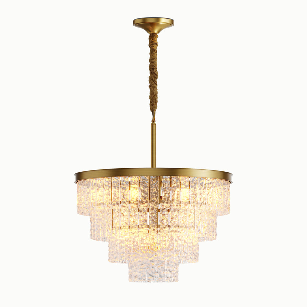 Round Brass Multi-Tiered Waterfall Glass Chandelier