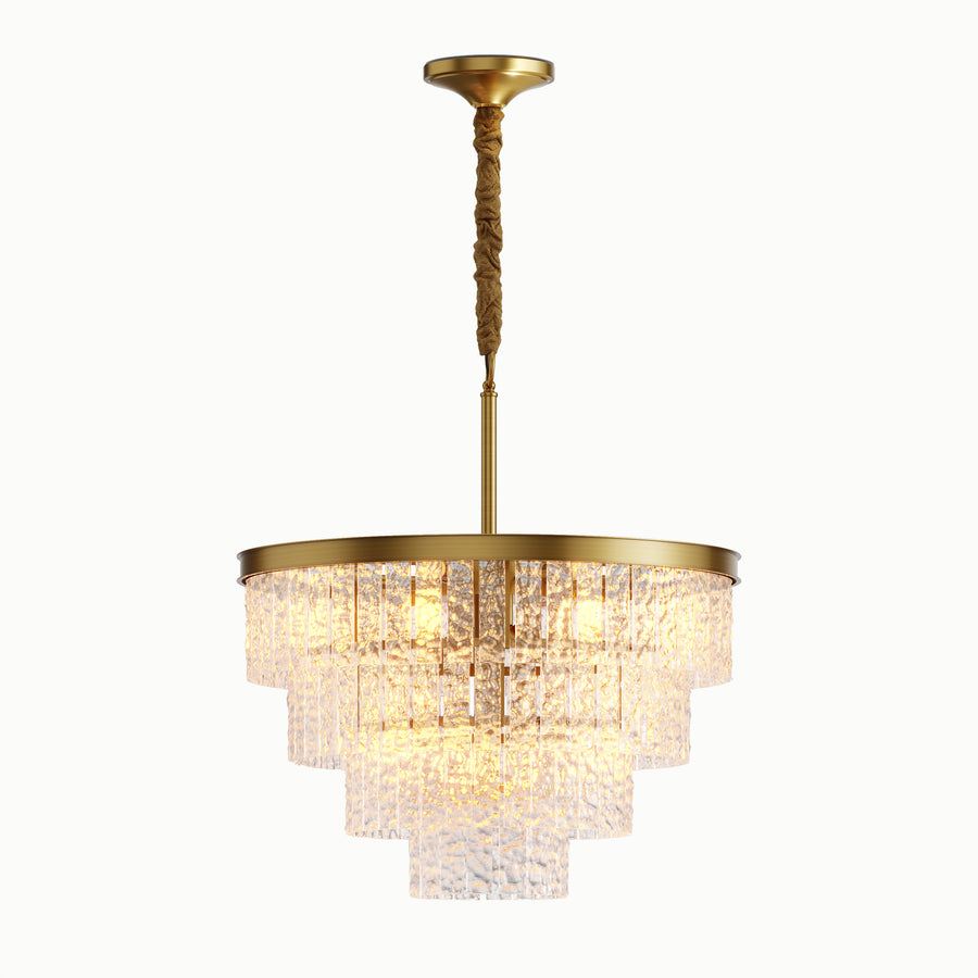 Round Brass Multi-Tiered Waterfall Glass Chandelier