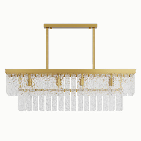 Rectangular Brass Multi-Tiered Waterfall Glass Chandelier
