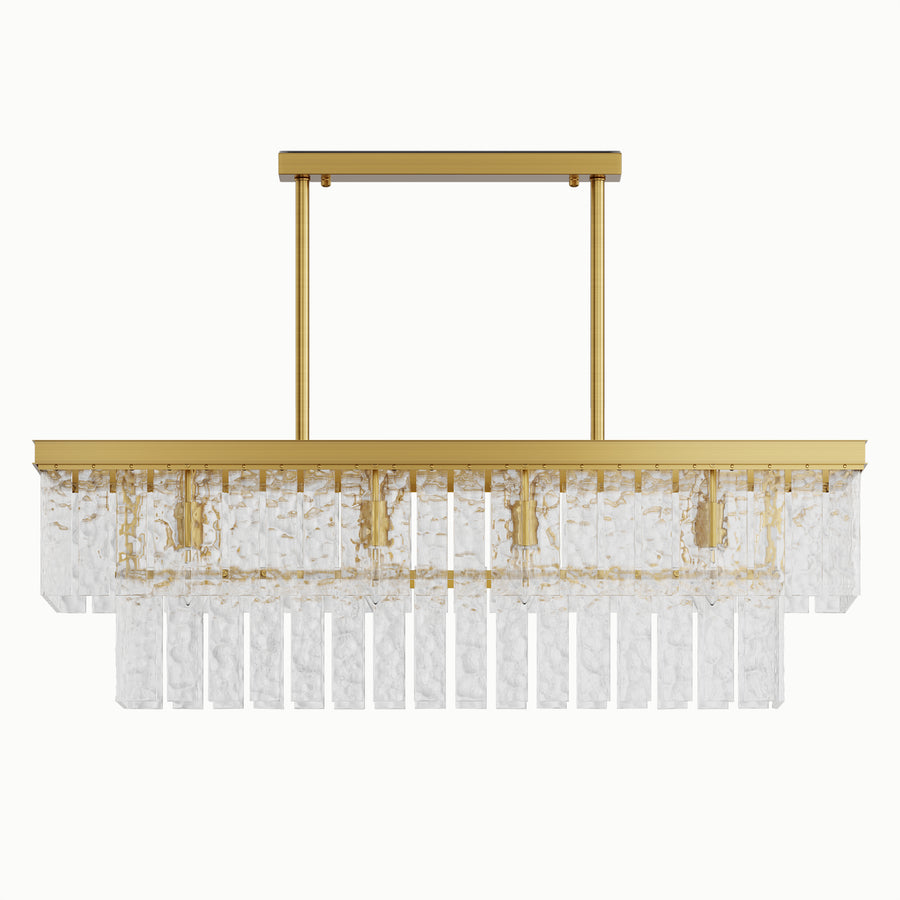 Rectangular Brass Multi-Tiered Waterfall Glass Chandelier