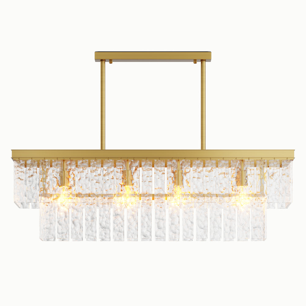 Rectangular Brass Multi-Tiered Waterfall Glass Chandelier
