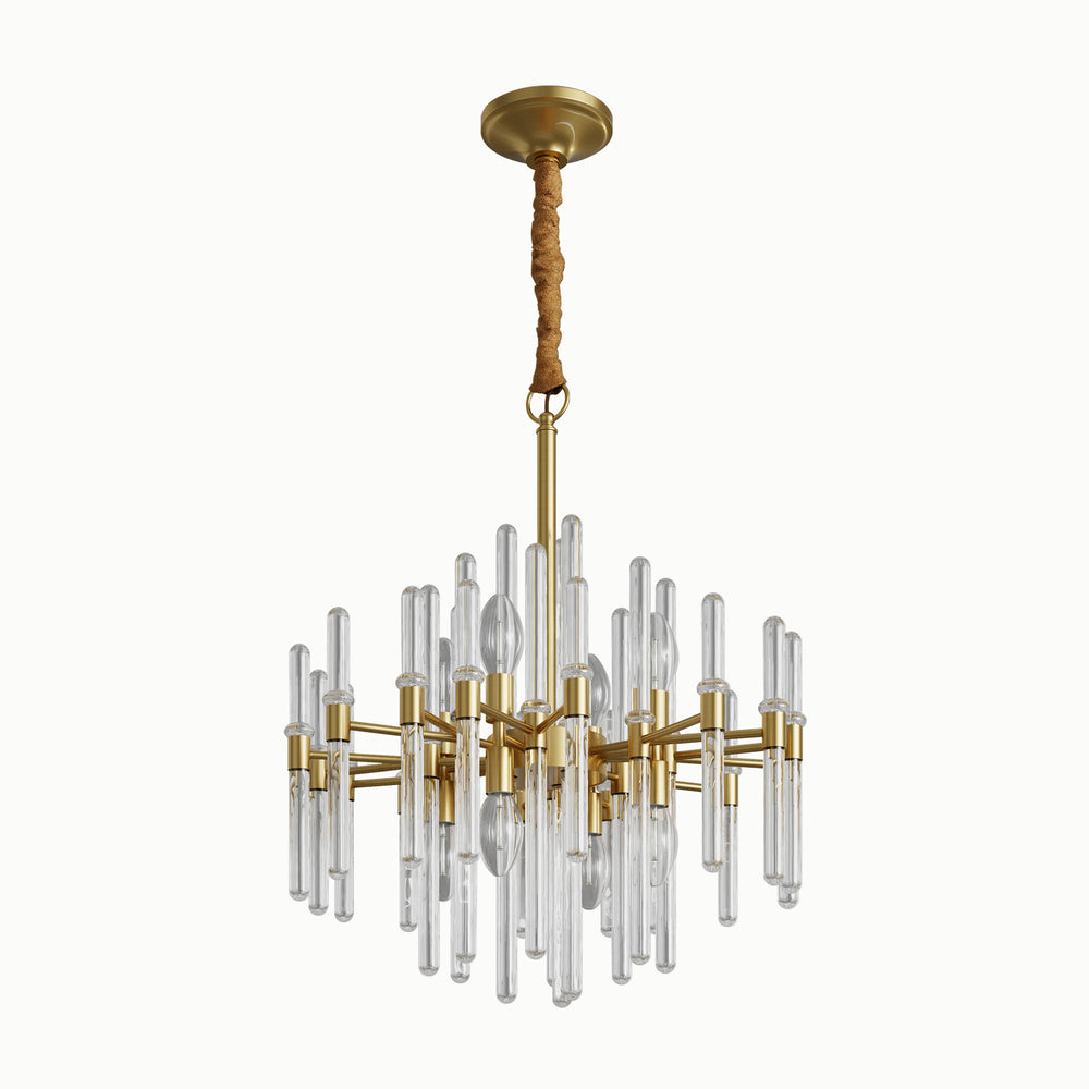 Vintage Round Brass Cylinder Glass Chandelier