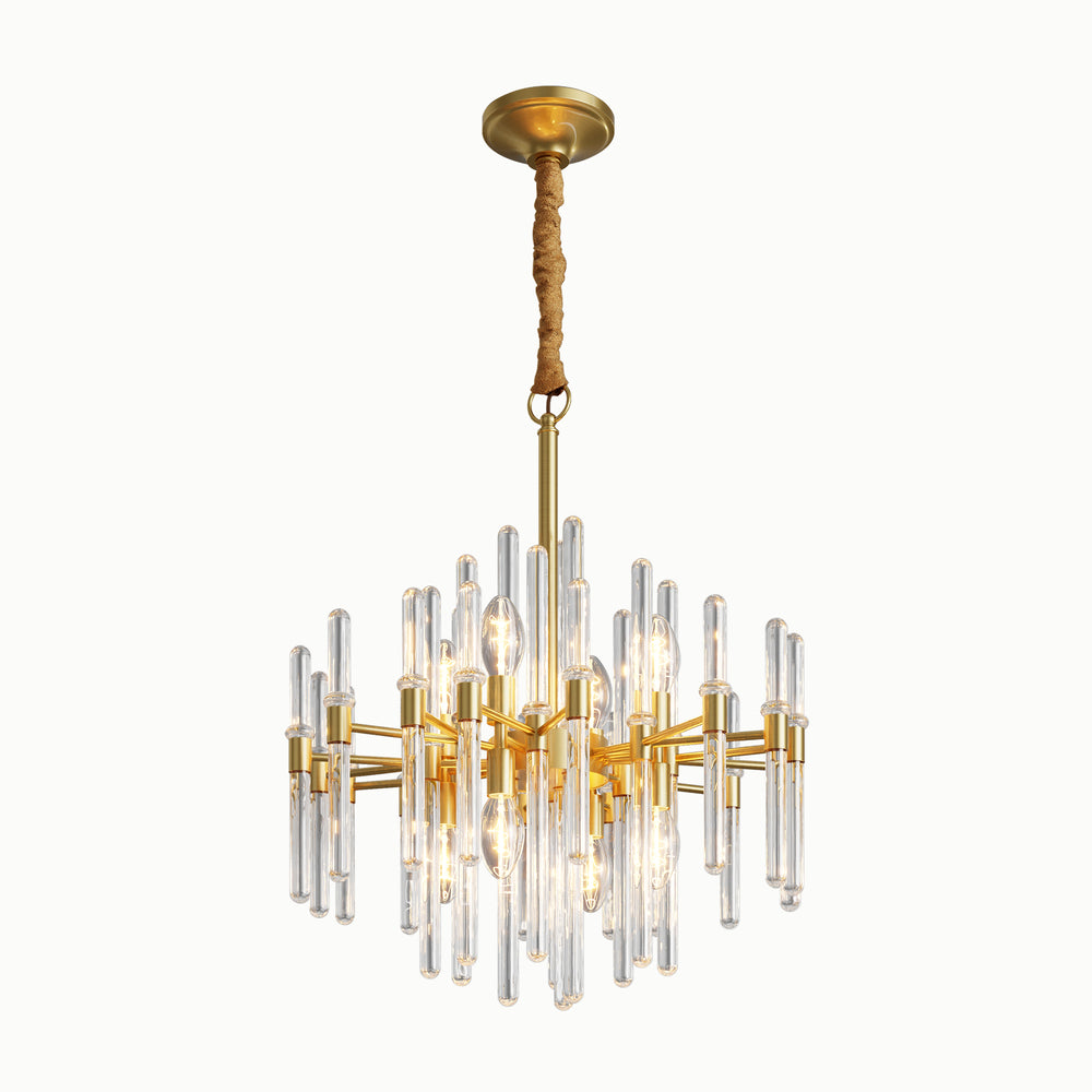 Vintage Round Brass Cylinder Glass Chandelier
