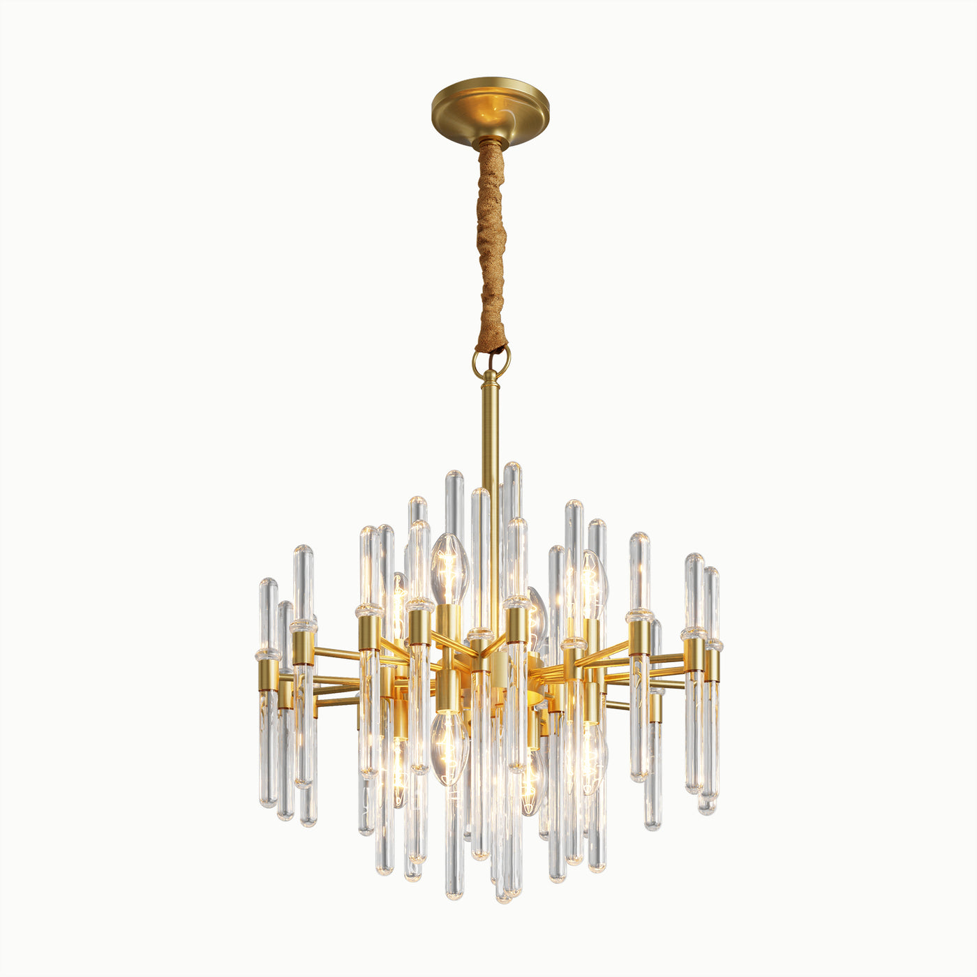 Vintage Round Brass Cylinder Glass Chandelier