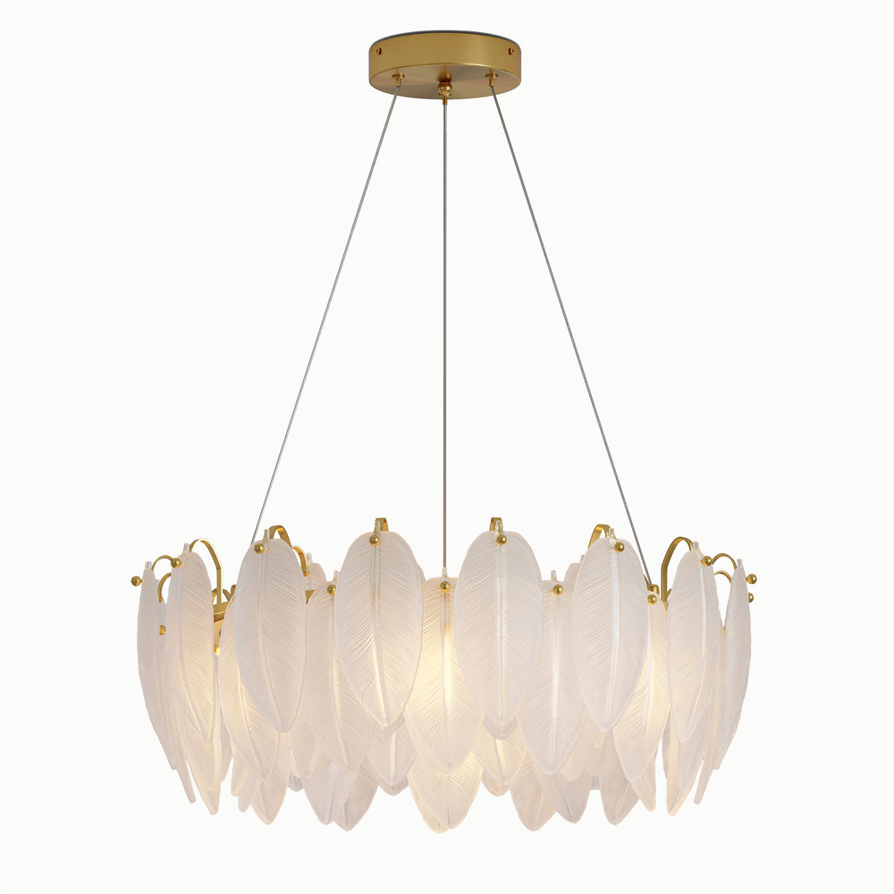 French Round Frosted Leaf Glass Feather Chandelier