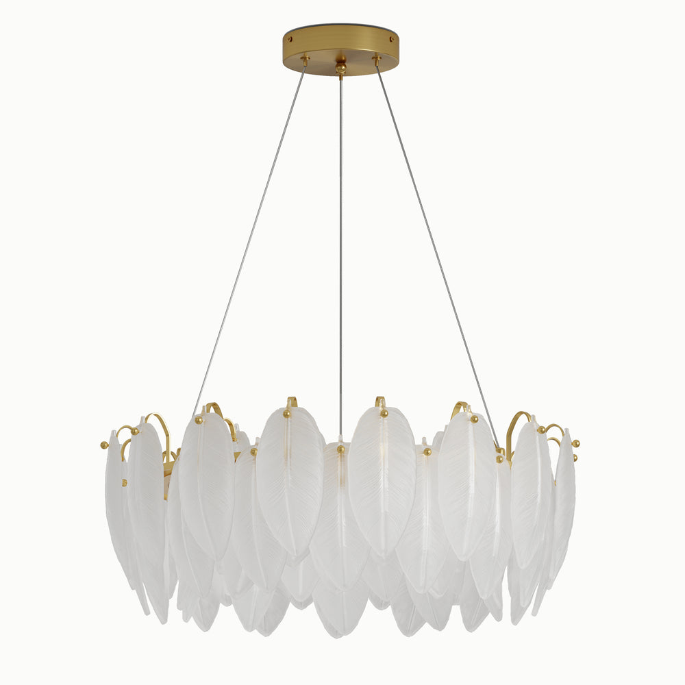 French Round Frosted Leaf Glass Feather Chandelier
