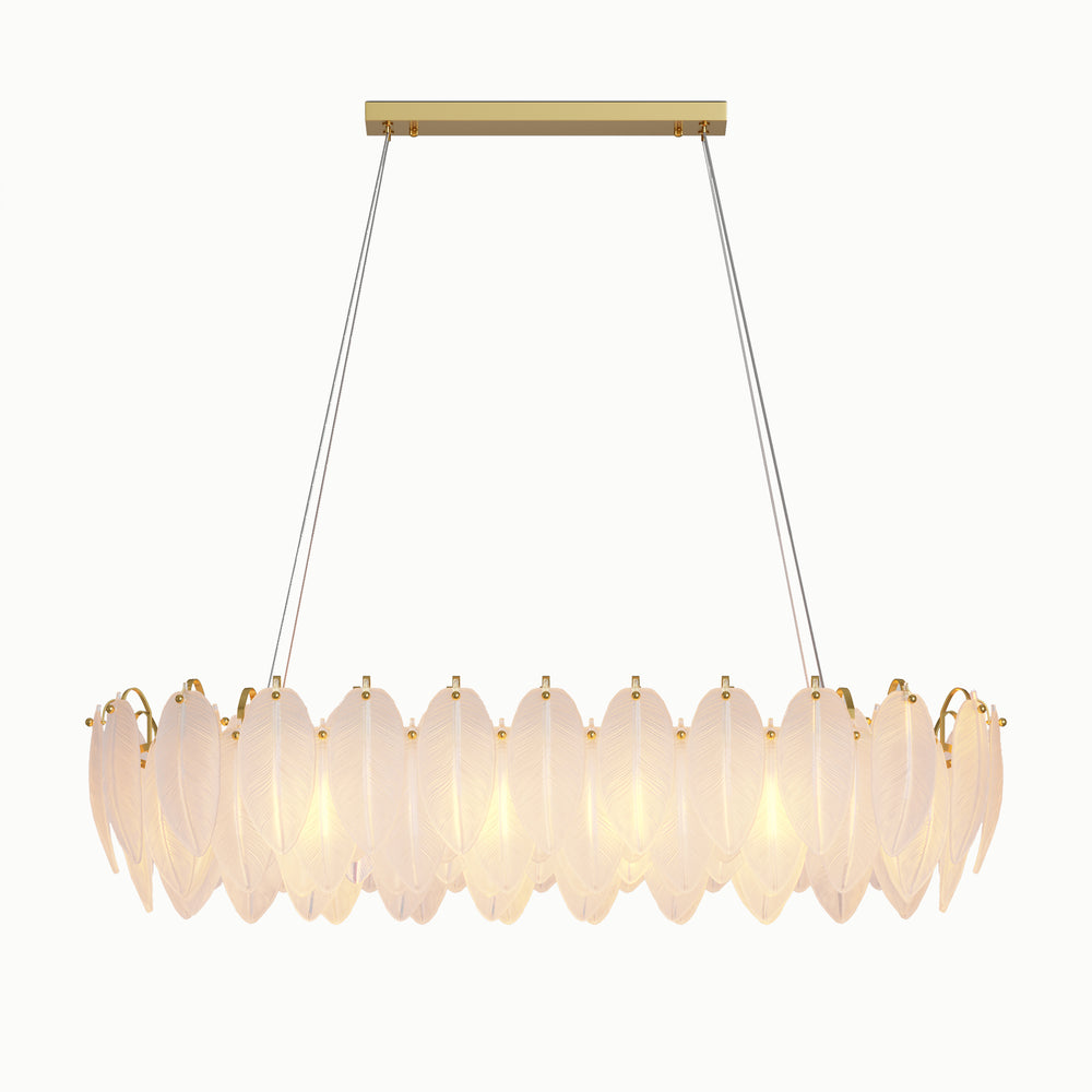 French Rectangular Frosted Leaf Glass Feather Chandelier