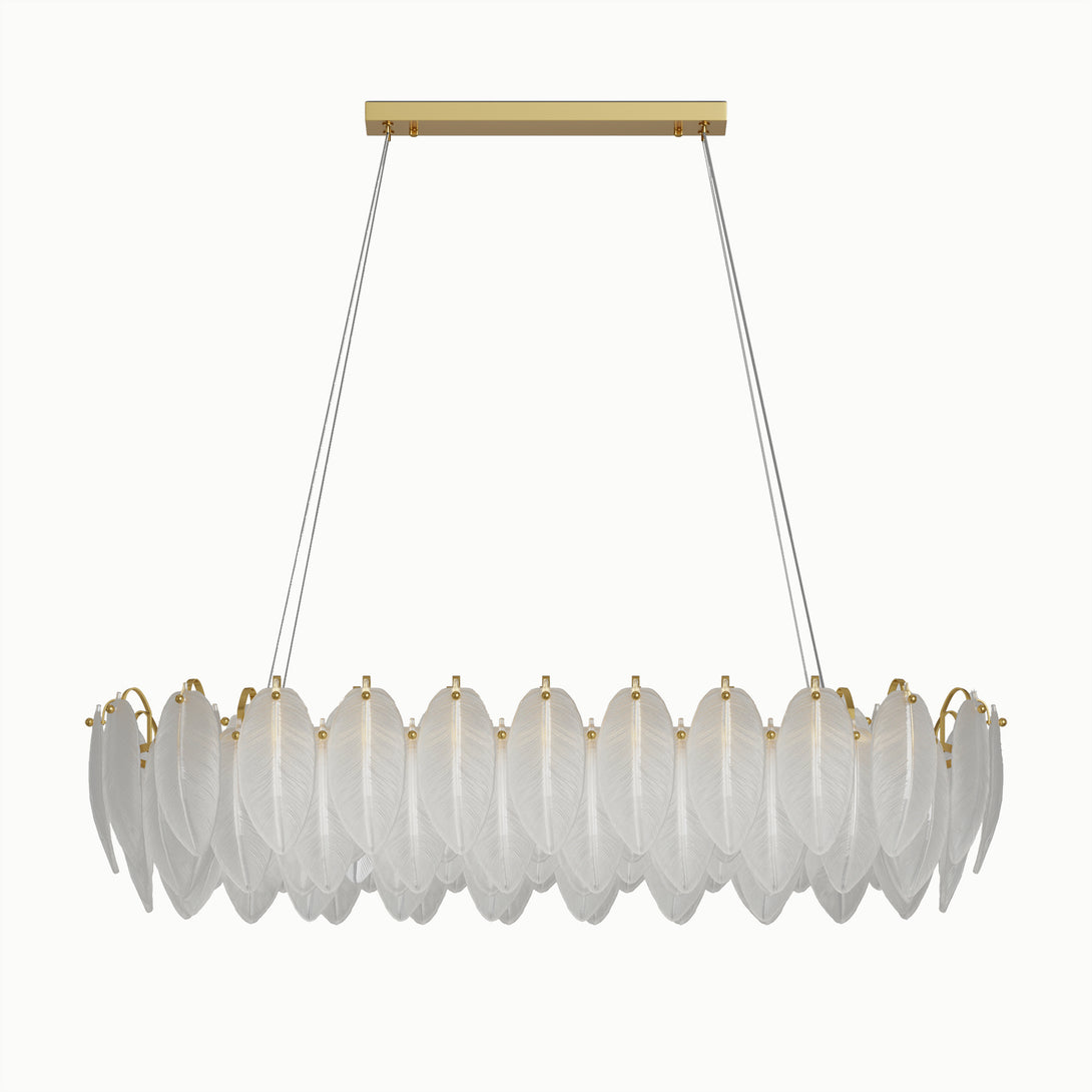 Linear chandelier with layered frosted leaf-shaped glass panels on a white background