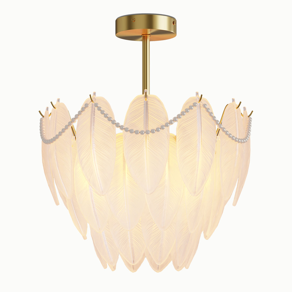 French Round Side Hanging Pearl Surround Frosted Glass Multi-Layer Feather Chandelier