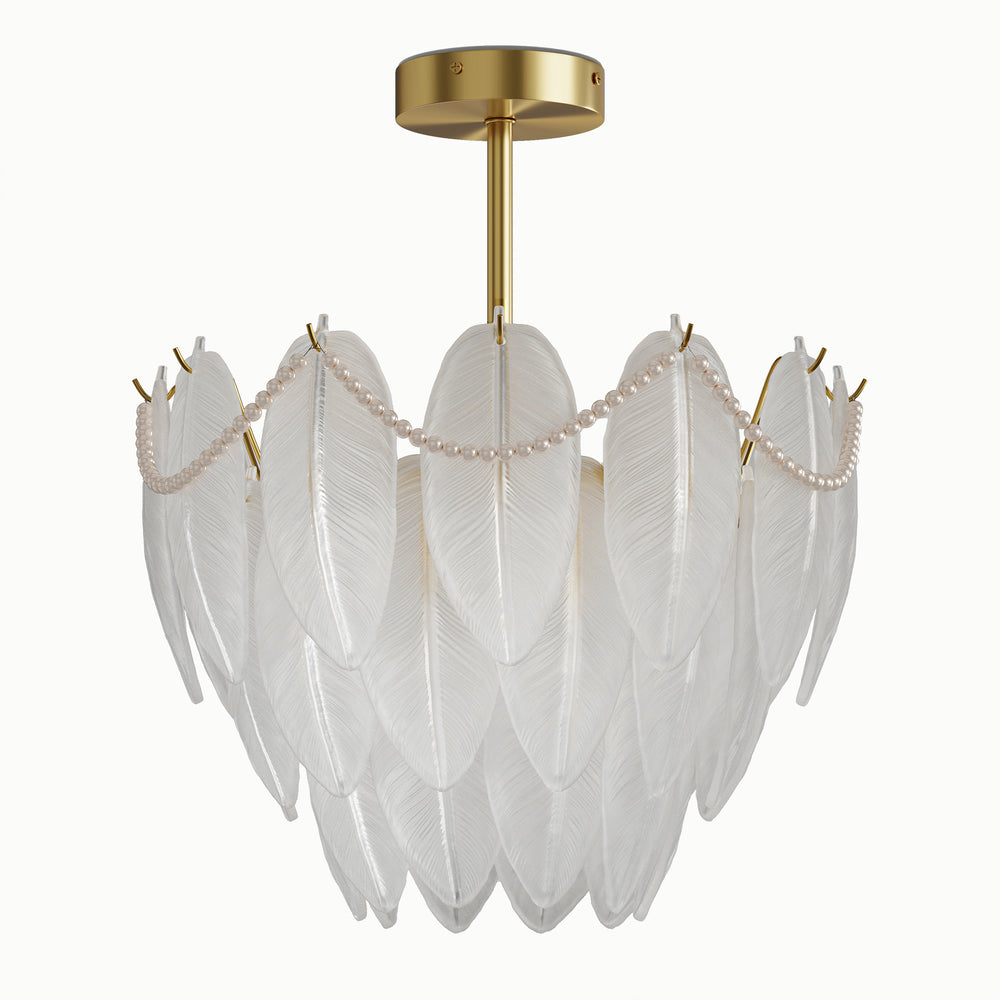 French Round Side Hanging Pearl Surround Frosted Glass Multi-Layer Feather Chandelier
