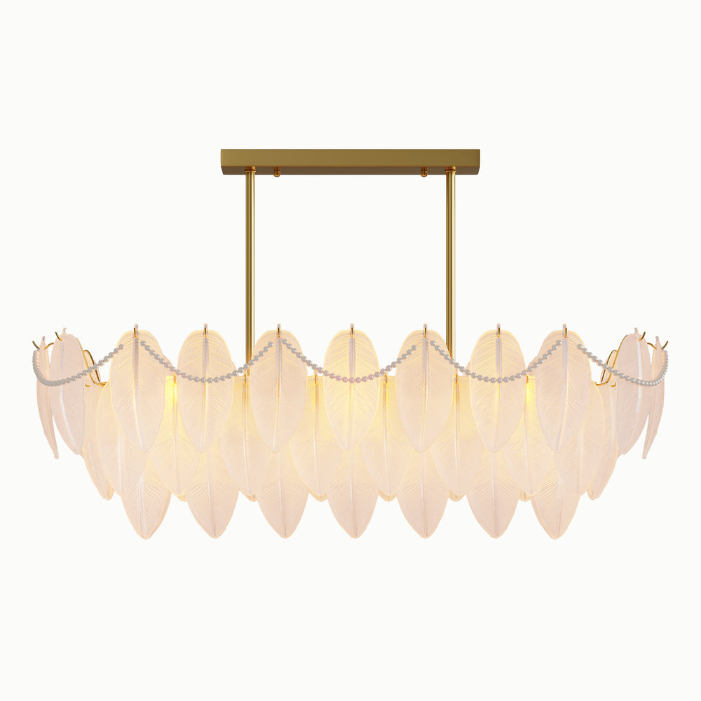 French Oval Side Hanging Pearl Surround Frosted Glass Multi-Layer Feather Chandelier