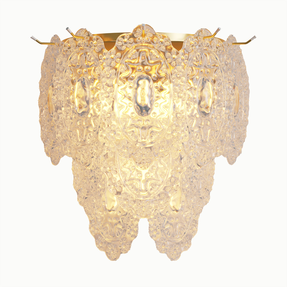 Vintage Brass Transparent Lace Pattern Glass Wall Sconce