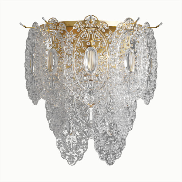 Vintage Brass Transparent Lace Pattern Glass Wall Sconce