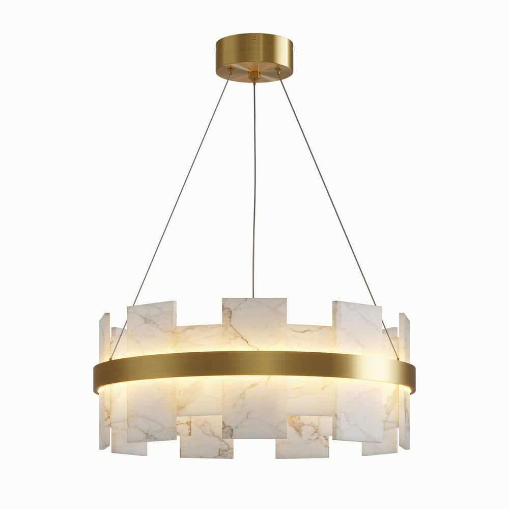 Brass Round Natural Dolomite White Alabaster Chandelier