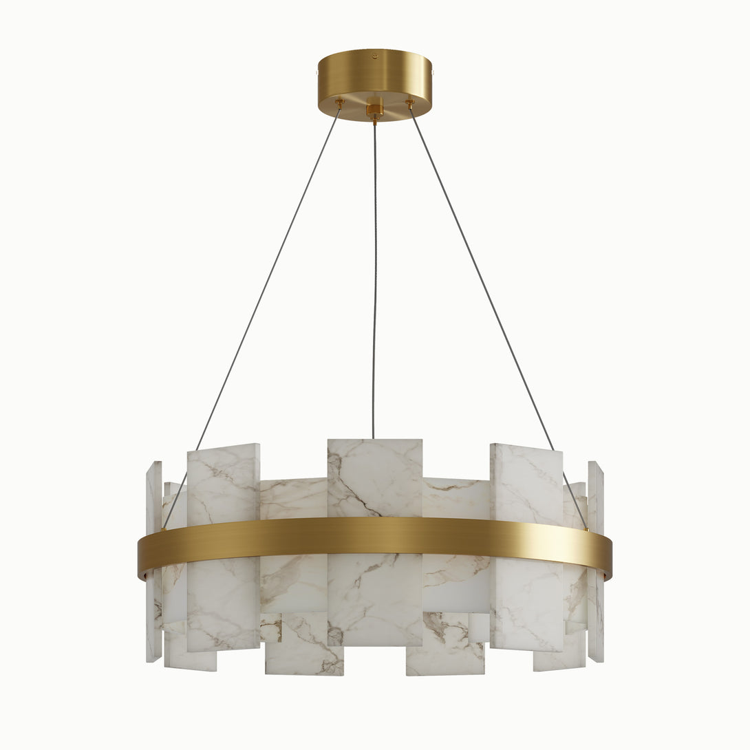 Round warm-metal chandelier with rectangular white patterned panels on a white background