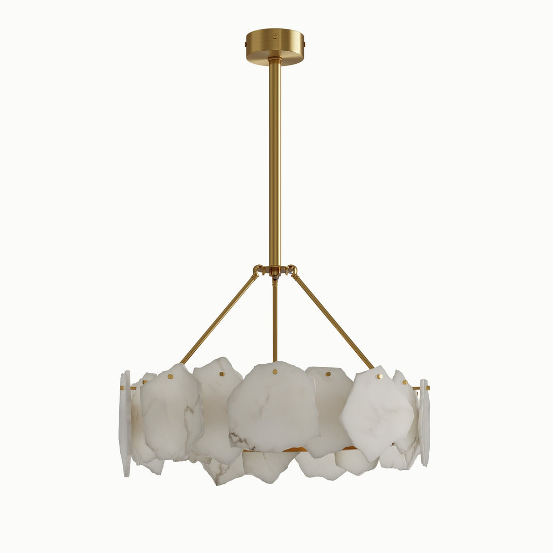 Compact round warm-metal chandelier with irregular white shade panels on a white background