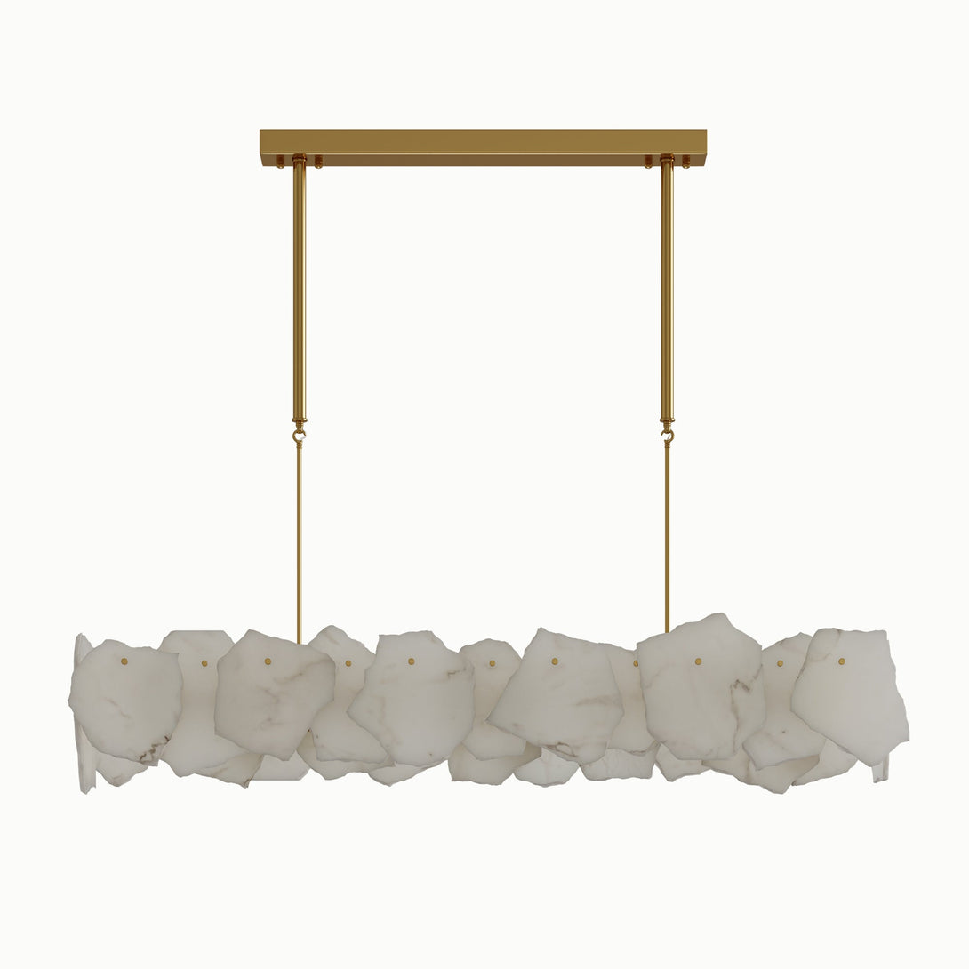 Linear warm-metal chandelier with irregular white shade panels on a white background