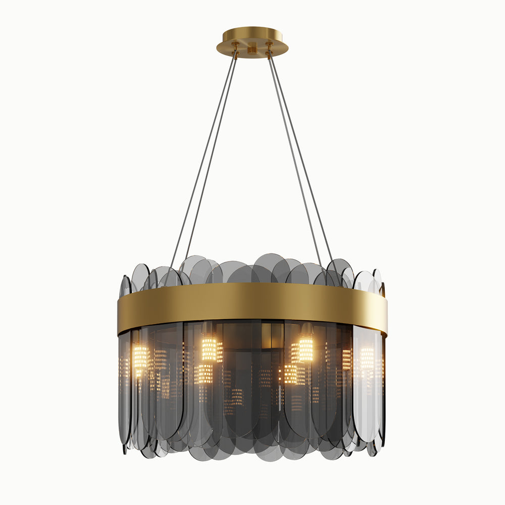Round Brass Smoky Glass Chandelier