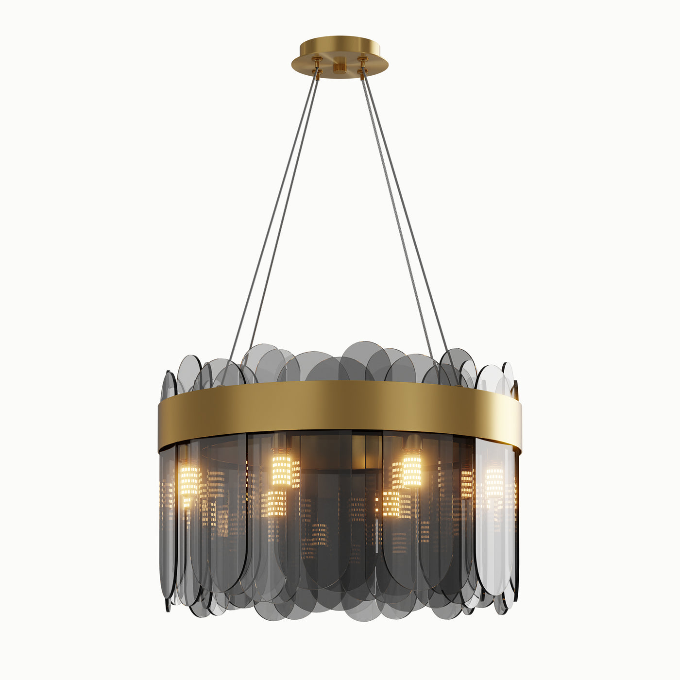 Round Brass Smoky Glass Chandelier