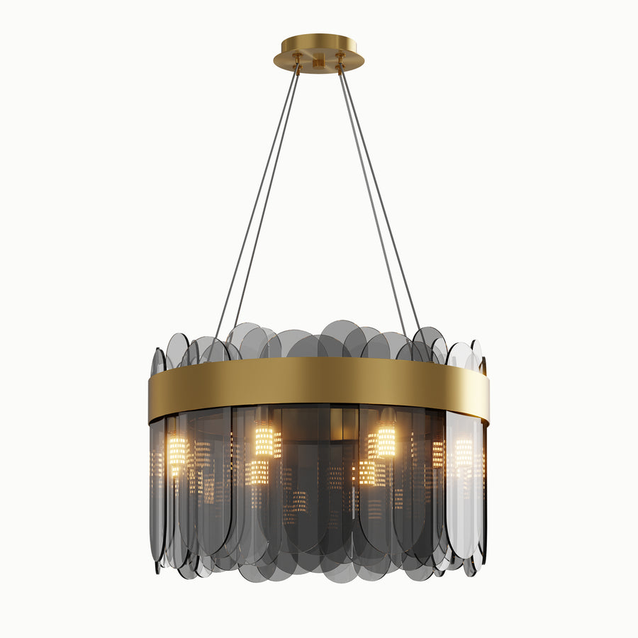 Round Brass Smoky Glass Chandelier