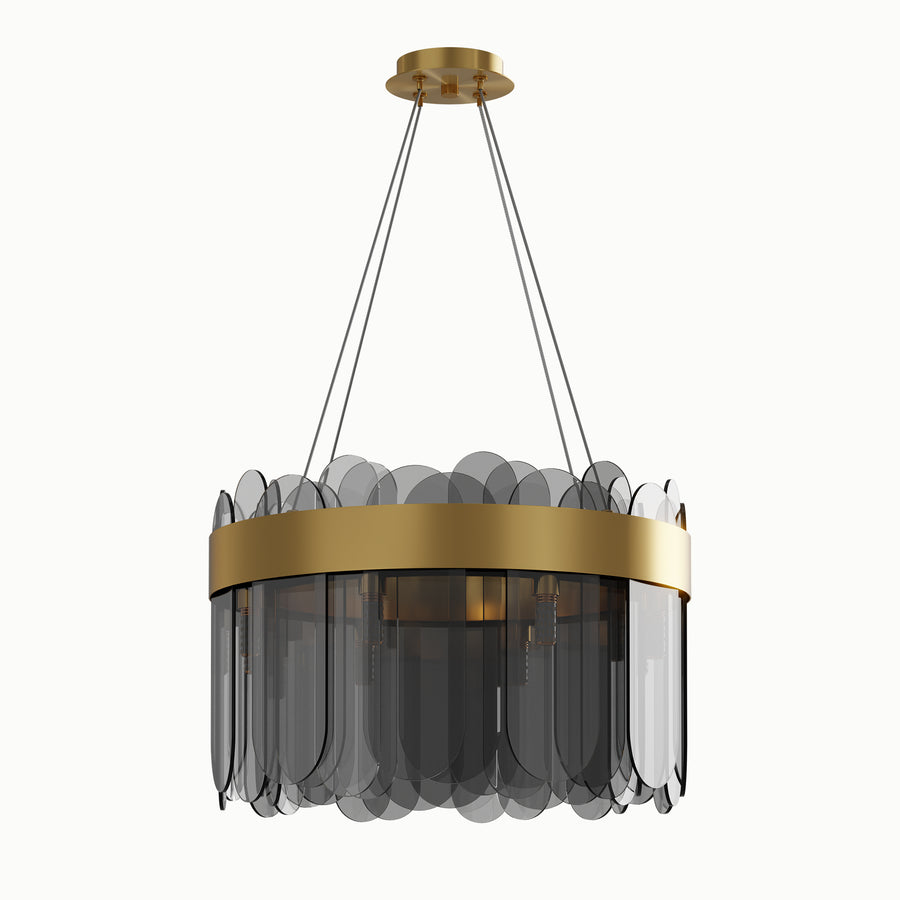 Round Brass Smoky Glass Chandelier