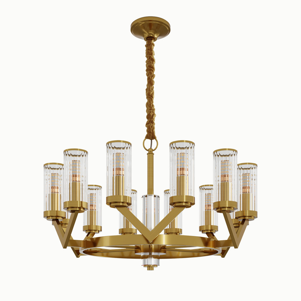 Round Multi-Lamp Head Brass V-Shaped Cylindrical Glass Chandelier