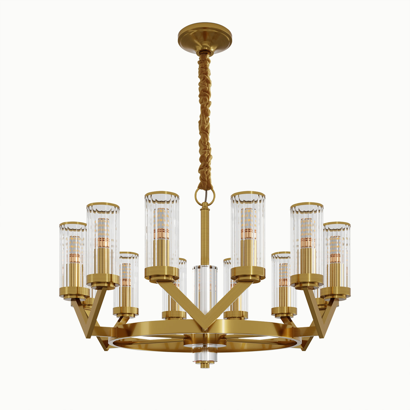 Round Multi-Lamp Head Brass V-Shaped Cylindrical Glass Chandelier
