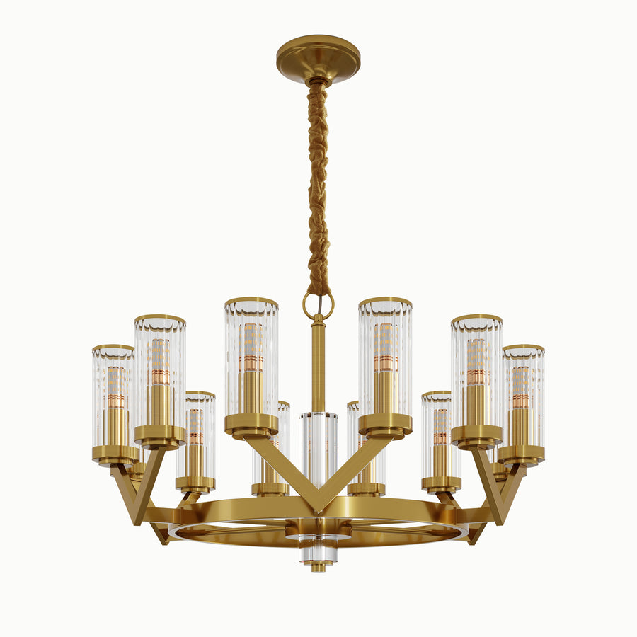 Round Multi-Lamp Head Brass V-Shaped Cylindrical Glass Chandelier