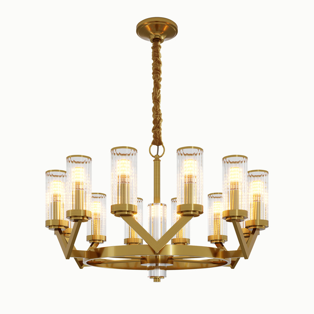Round Multi-Lamp Head Brass V-Shaped Cylindrical Glass Chandelier