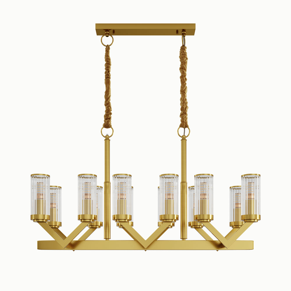 Rectangle Multi-Lamp Head Brass Black V-Shaped Cylindrical Linear Glass Chandelier
