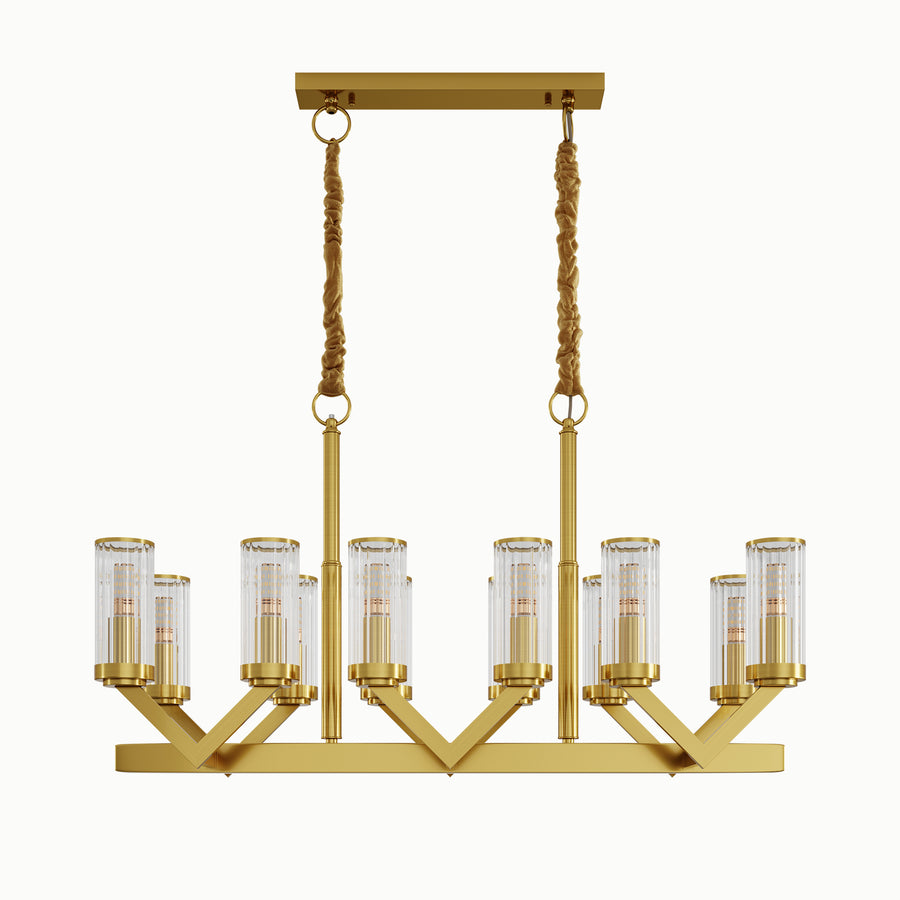Rectangle Multi-Lamp Head Brass Black V-Shaped Cylindrical Linear Glass Chandelier