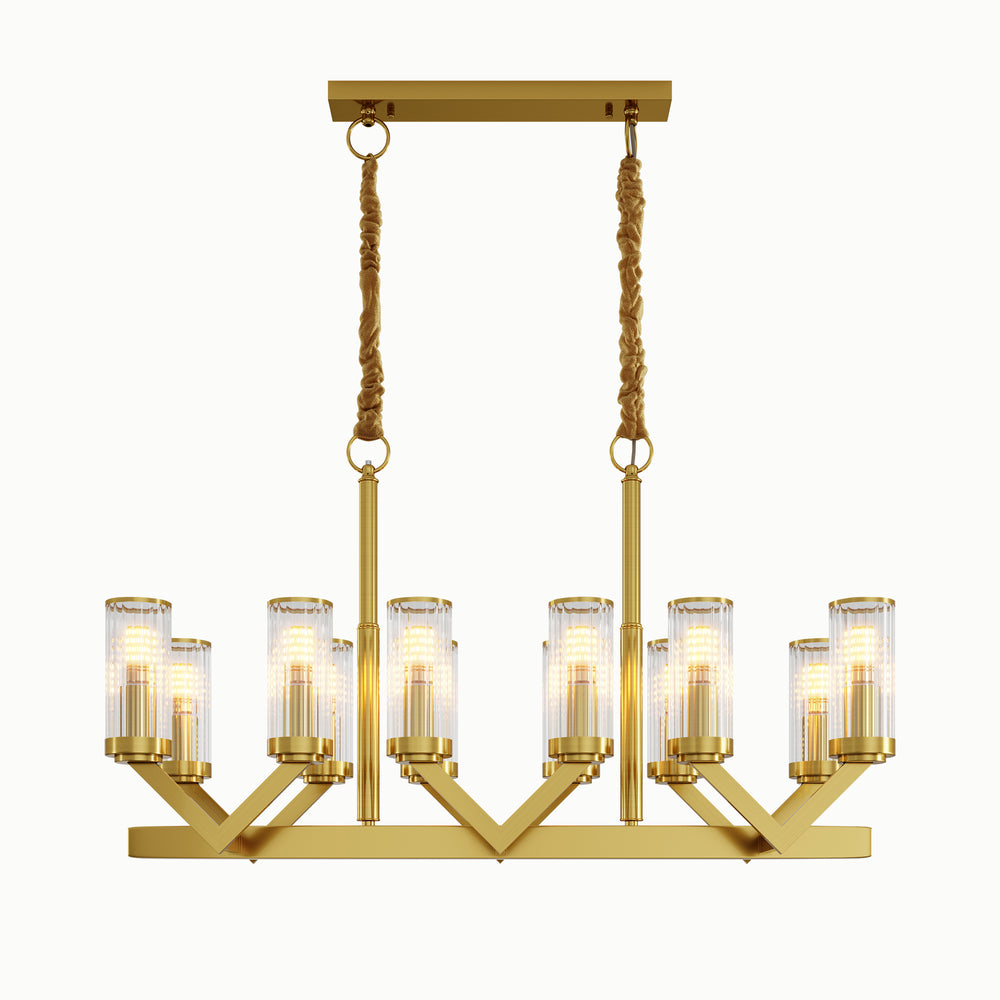 Rectangle Multi-Lamp Head Brass Black V-Shaped Cylindrical Linear Glass Chandelier
