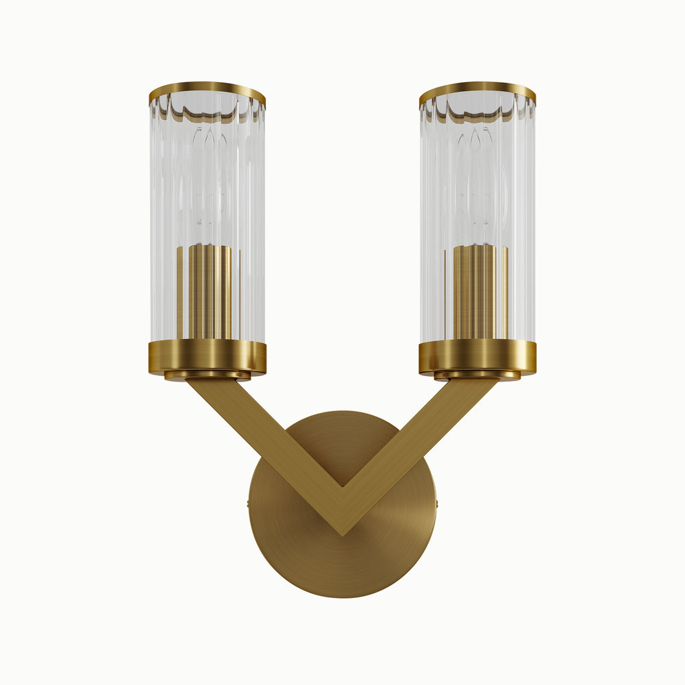 Brass Black V-Shaped Lamp Arm Double Cylindrical Glass Wall Sconce