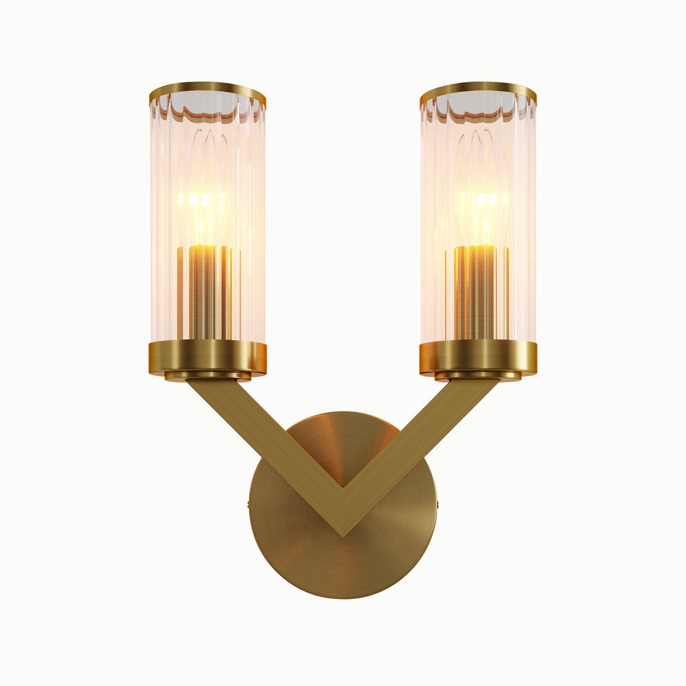 Brass Black V-Shaped Lamp Arm Double Cylindrical Glass Wall Sconce