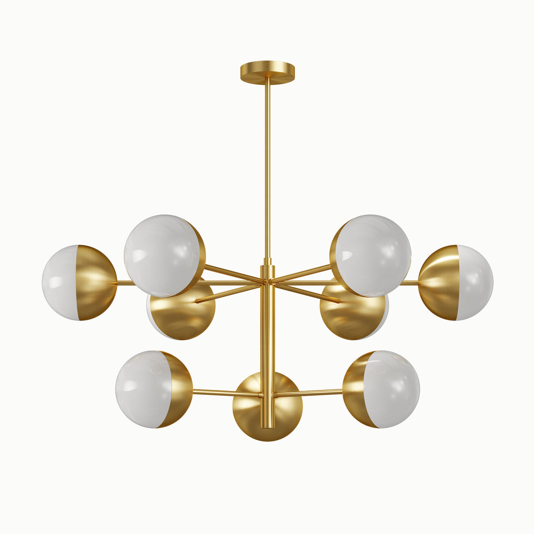 Double-tier chandelier with frosted spherical glass shades on a white background