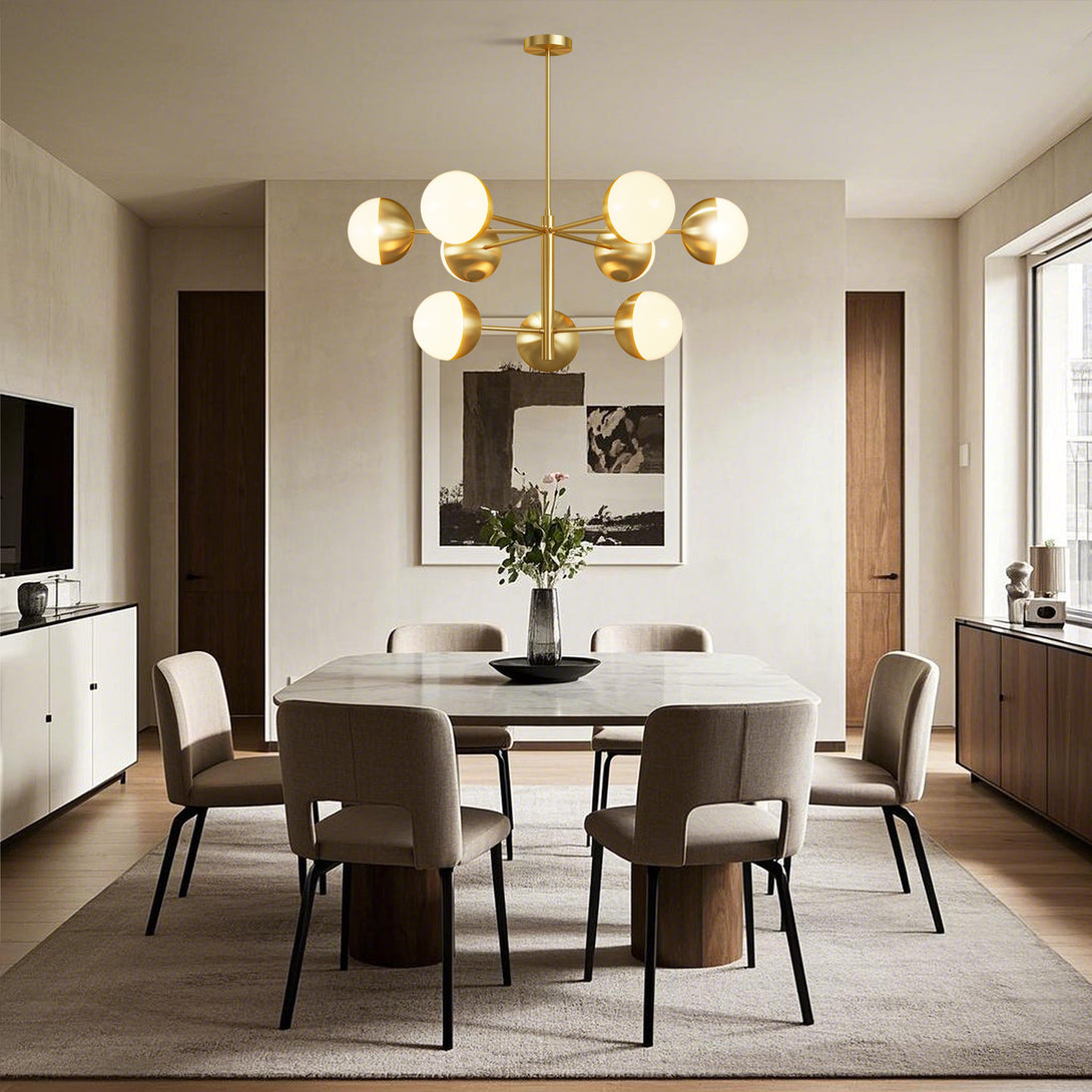 Frosted globe chandelier above a rectangular dining table in a warm neutral room
