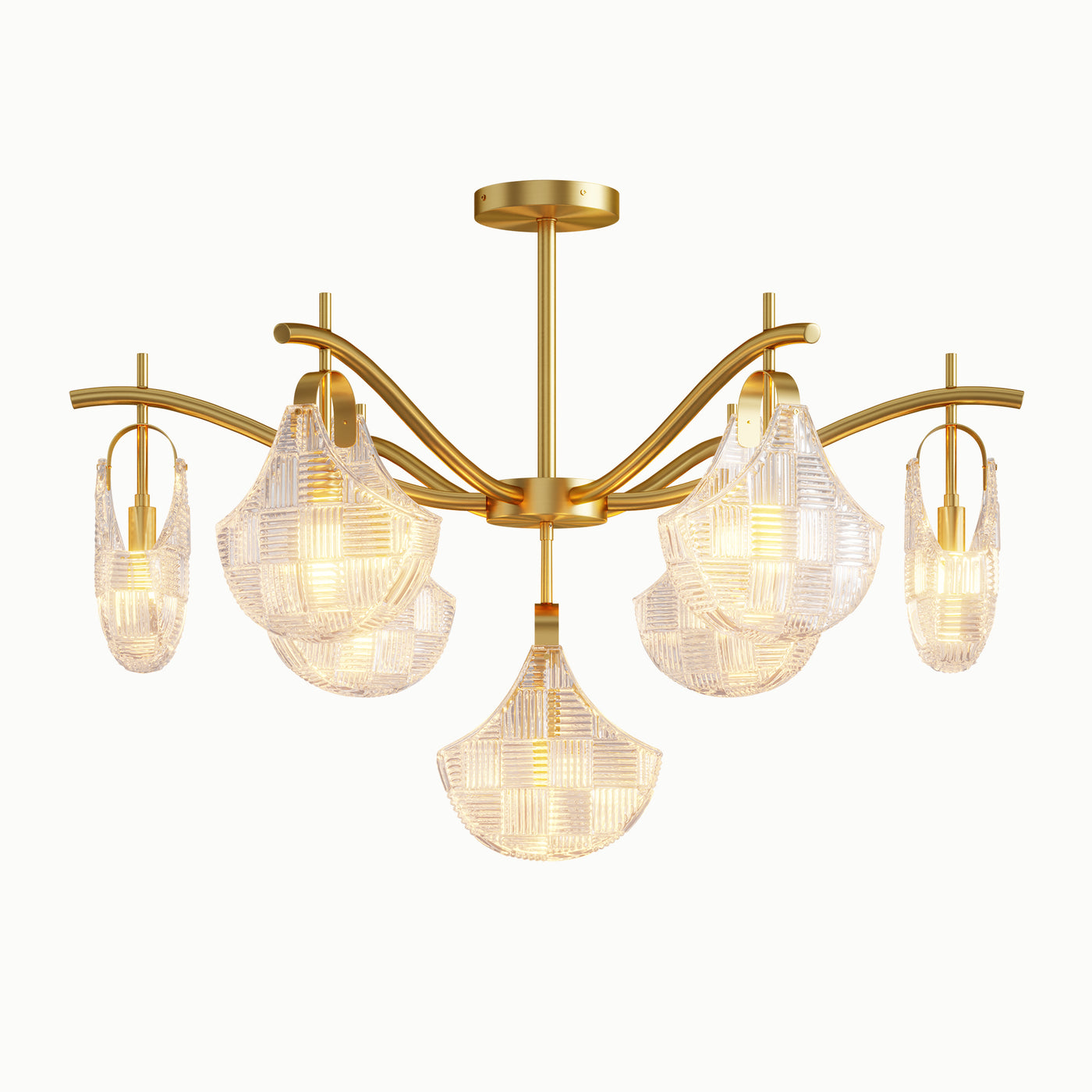 Round Brass Ginkgo Leaf Multi-Light Relief Glass Chandelier
