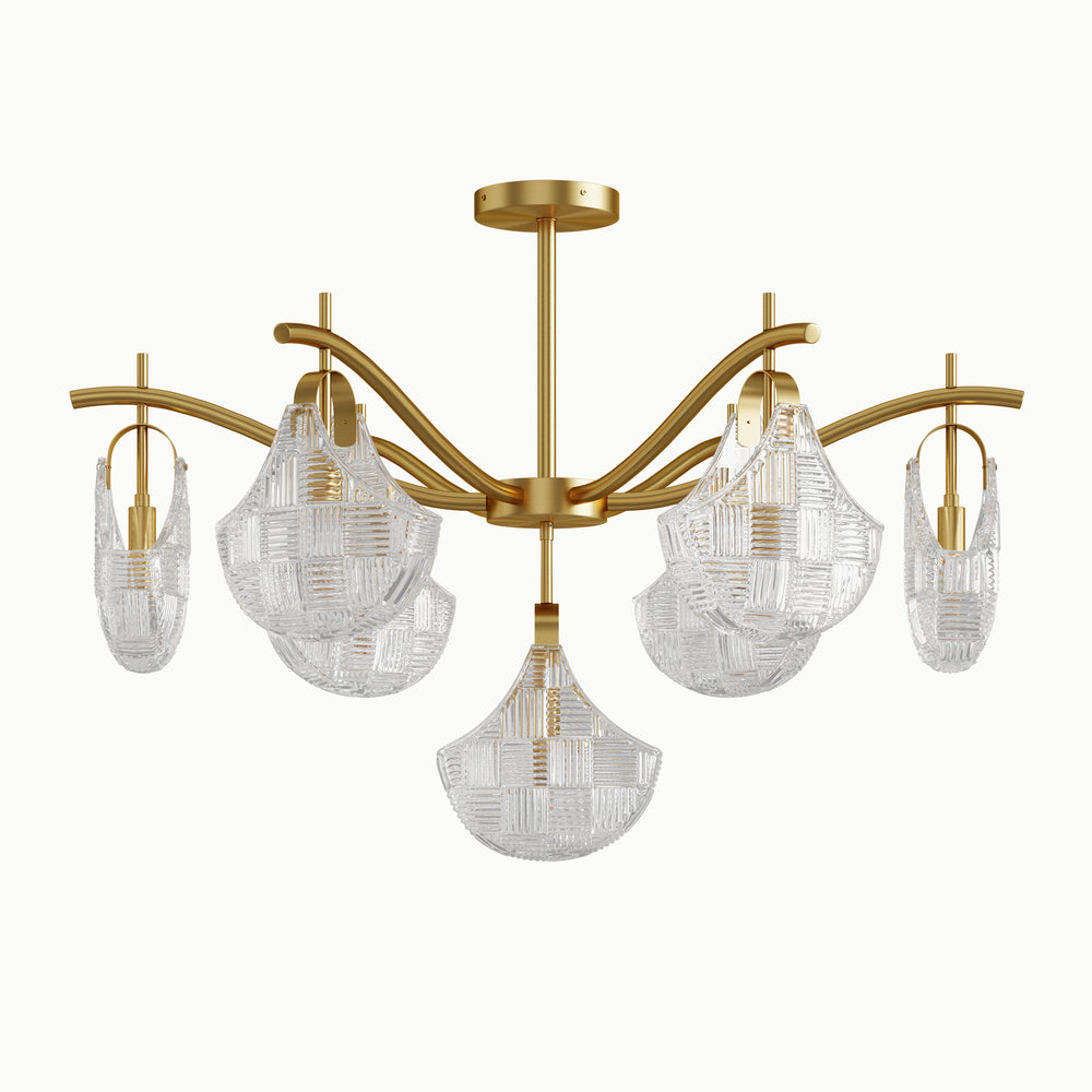 Round Brass Ginkgo Leaf Multi-Light Relief Glass Chandelier