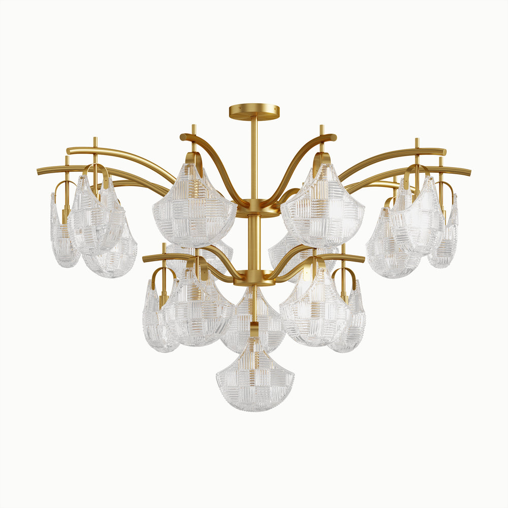 Round Brass Ginkgo Leaf Multi-Light Relief 2-Layer Glass Chandelier