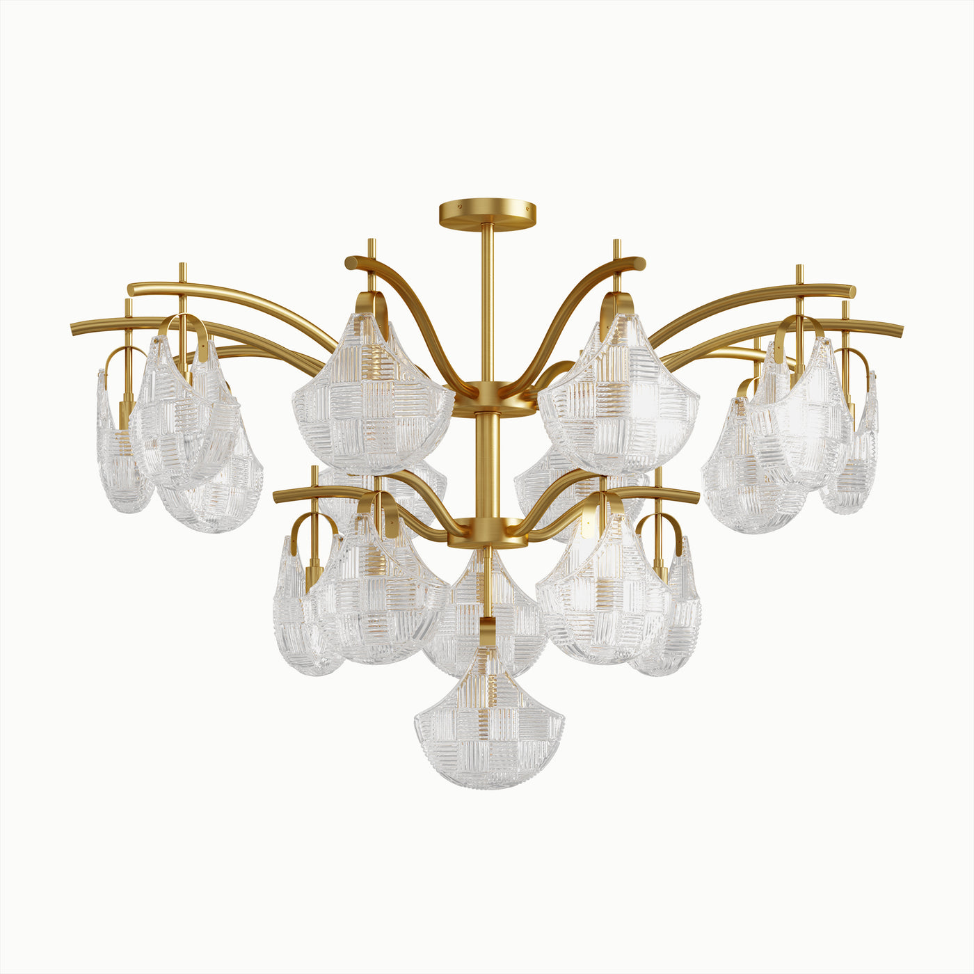 Round Brass Ginkgo Leaf Multi-Light Relief 2-Layer Glass Chandelier