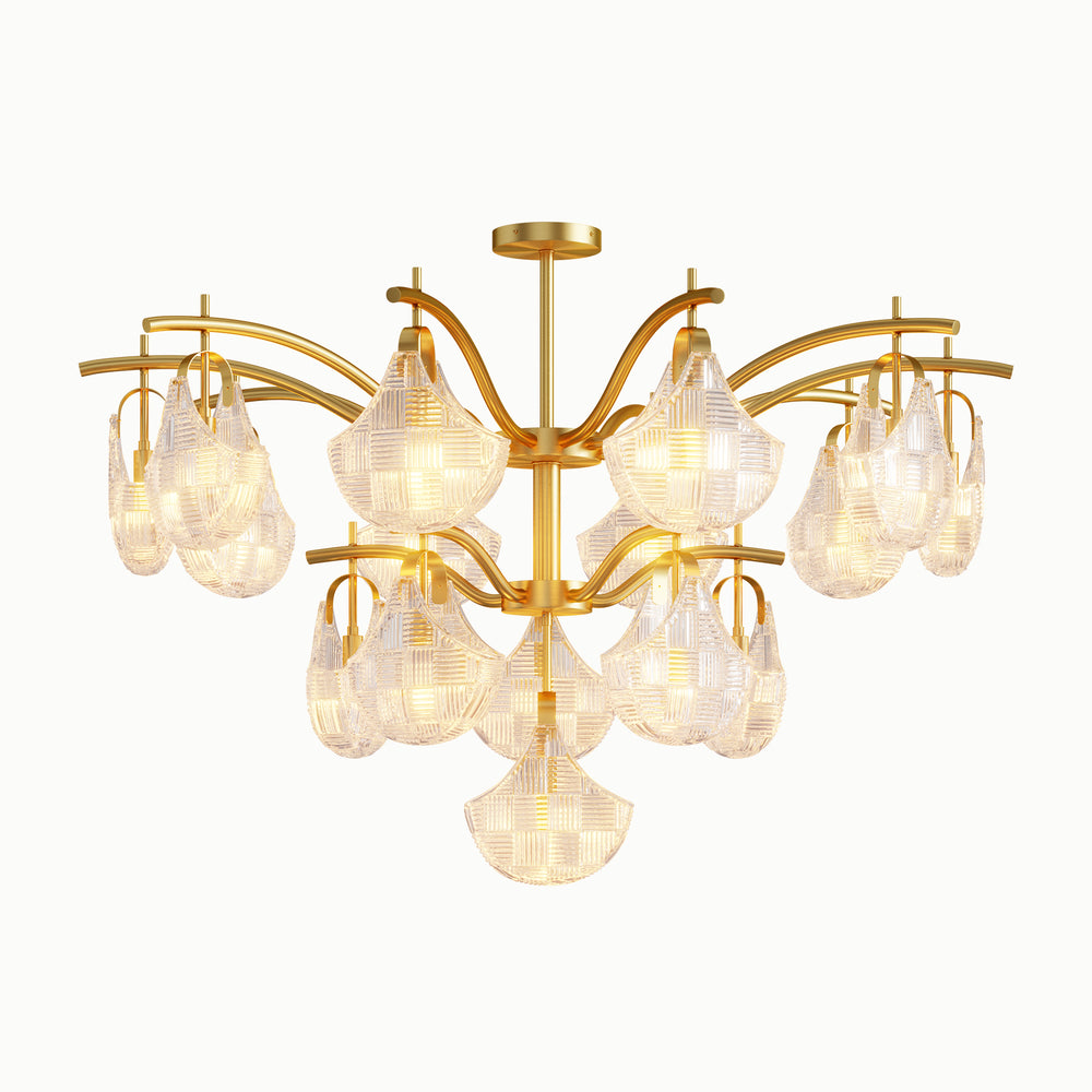 Round Brass Ginkgo Leaf Multi-Light Relief 2-Layer Glass Chandelier