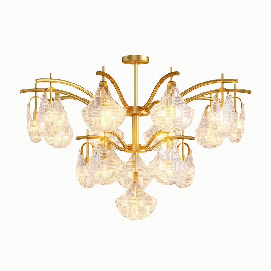 Round Brass Ginkgo Leaf Multi-Light Relief 2-Layer Glass Chandelier