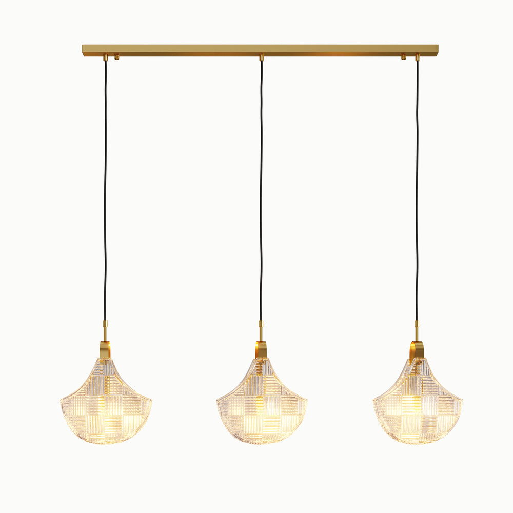 Brass 3-Light Gingko Leaf Relief Glass Linear Dining Island Chandelier