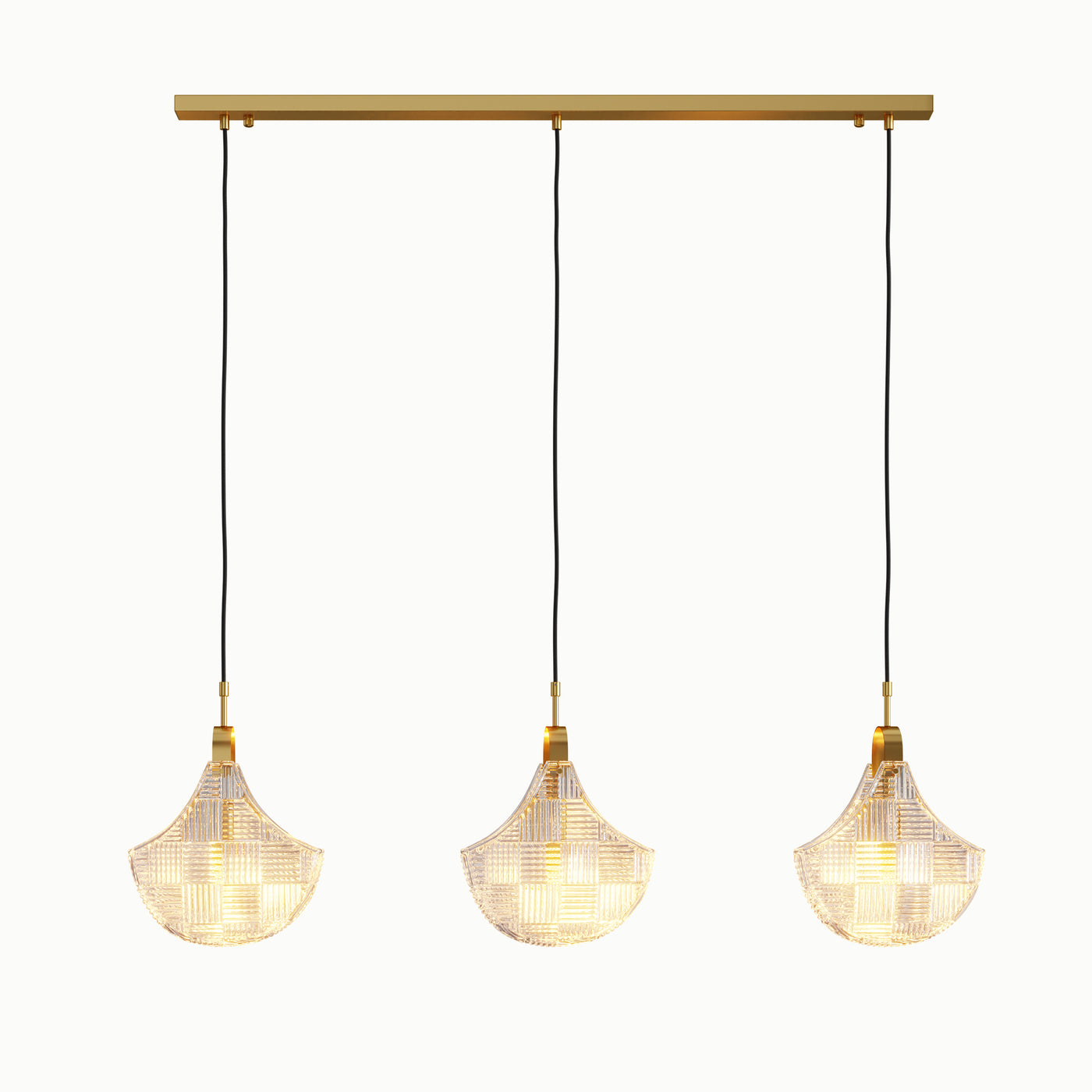 Brass 3-Light Gingko Leaf Relief Glass Linear Dining Island Chandelier
