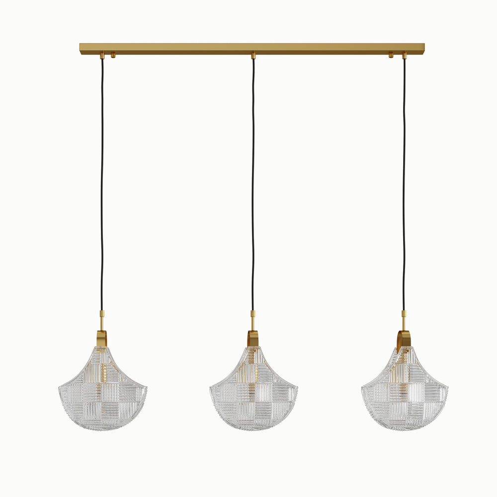 Brass 3-Light Gingko Leaf Relief Glass Linear Dining Island Chandelier